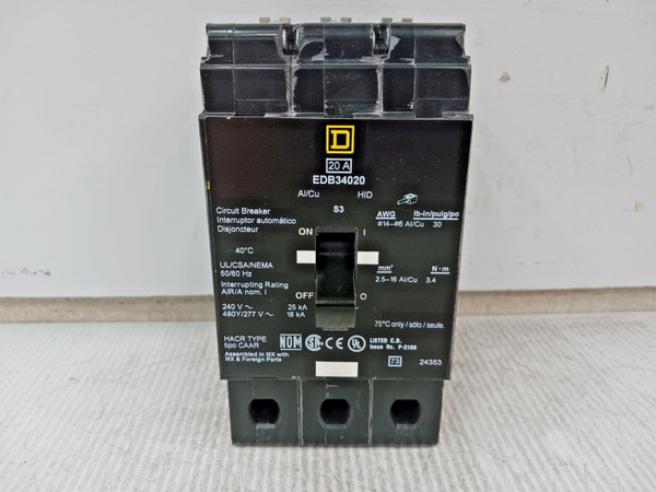 Square D 20 Amp Bolt-On Circuit Breaker 3 Pole 480Y/277 VAC EDB34020 (Flawed)
