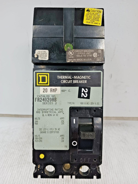Square D 20 Amp I-Line Thermal-Magnetic Circuit Breaker 2 Pole 480 VAC FA24020AB