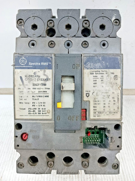 GE 100 Amp Circuit Breaker 3 Pole 600 VAC 25kA SEHA36AT0100 W/O Trip Plug