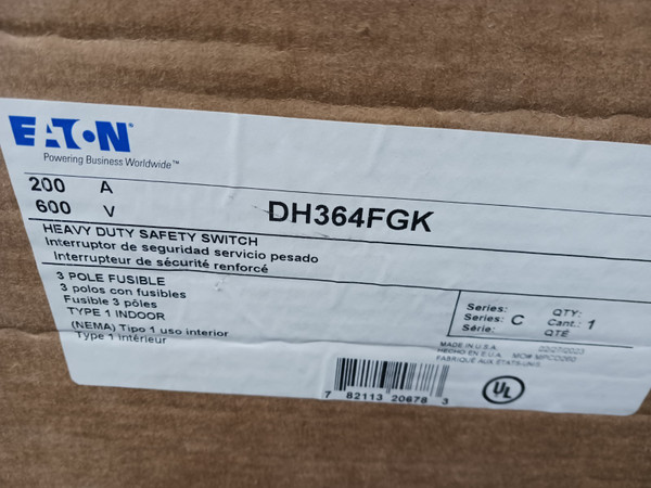 New Eaton DH364FGK Fusible Heavy Duty Safety Switch 200 Amp 600 Vac 3 Pole