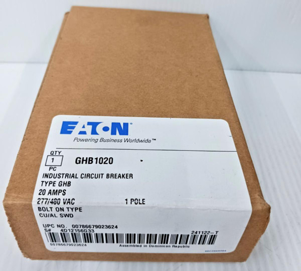 New Eaton GHB1020 Circuit Breaker 20 A 1 Pole 277/480 Vac Factory Box