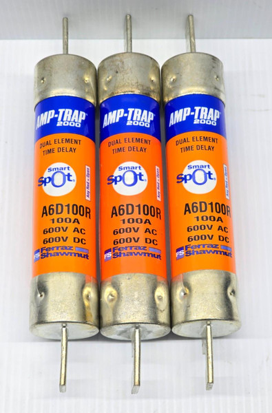 Lot of 3 Ferraz Shawmut 100 Amp Dual-Element Time-Delay Fuses 600 VAC A6D100R