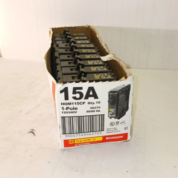 10) NEW SQUARE D 15 AMP CIRCUIT BREAKERS 120/240 VAC HOM115CP LOT OF 10