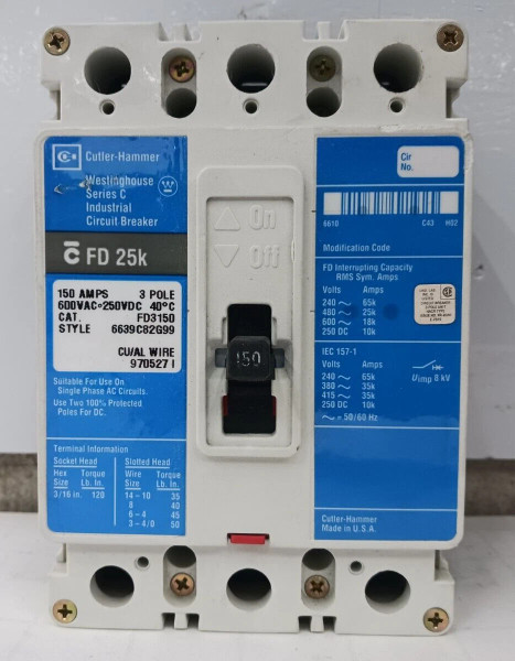 CUTLER HAMMER 150 AMP CIRCUIT BREAKER 3 POLE 600 VAC FD3150
