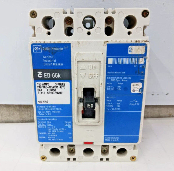 Cutler Hammer 150 Amp Circuit Breaker 3 Pole 240 VAC / 125 VDC 65kA ED3150