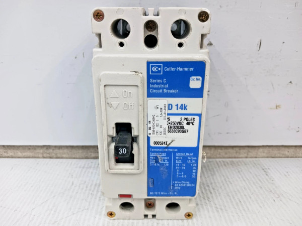 Cutler Hammer 30 Amp Circuit Breaker 2 Pole 480 VAC / 250 VDC 14kA EHD2030L
