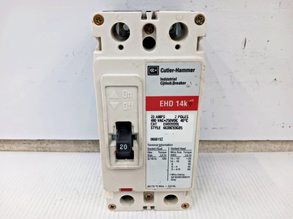 Cutler Hammer 20 Amp Circuit Breaker 2 Pole 480 VAC / 250 VDC 14kA EHD2020L