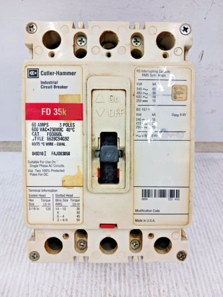 Cutler Hammer 60 Amp Industrial Circuit Breaker 3 Pole 600 VAC 35kA FD3060L