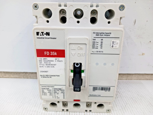 Eaton 110 Amp Industrial Circuit Breaker 3 Pole 600 VAC / 250 VDC 35kA FD3110