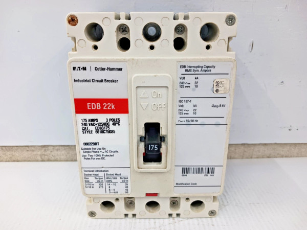 EATON 175 AMP CIRCUIT BREAKER 3 POLE 240 VAC / 125 VDC 22kA EDB3175
