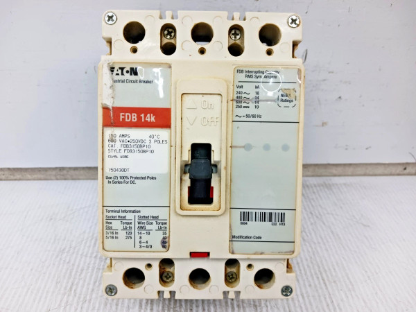 Eaton 150 Amp Circuit Breaker 3 Pole 600 VAC / 250 VDC 14kA FDB3150BP10