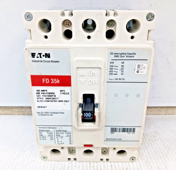 Eaton 100 Amp Circuit Breaker 3 Pole 600 VAC / 250 VDC FD3100BP10 *Flaw*