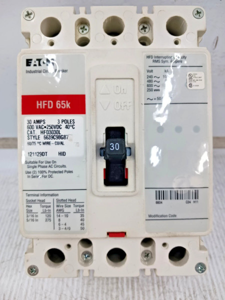 Eaton 30 Amp Industrial Circuit Breaker 3 Pole 600 VAC / 250 VDC 65kA HFD3030L