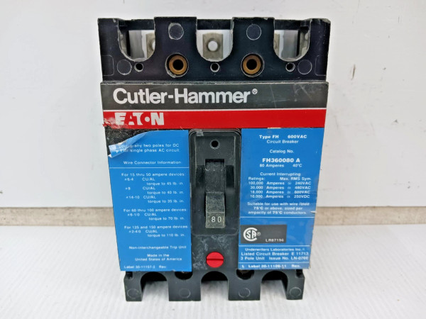 Eaton / Cutler Hammer 80 Amp Circuit Breaker 3 Pole 600 VAC / 250 VDC FH360080A