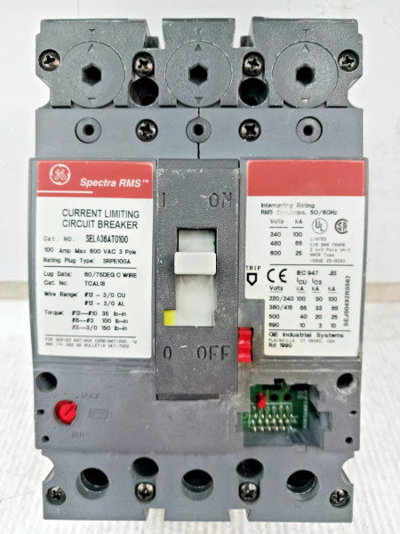 GE 100 Amp Circuit Breaker 3 Pole 600 VAC 65kA SELA36AT0100 W/O Plug & Lugs