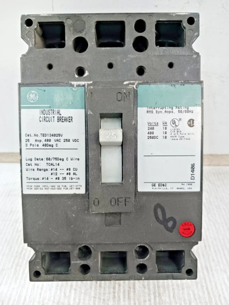 GE 25 Amp Industrial Circuit Breaker 3 Pole 480 VAC / 250 VDC 18kA TED134025V