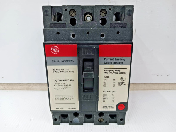GE 30 Amp Current Limiting Circuit Breaker 3 Pole 600 VAC 65kA TEL136030WL