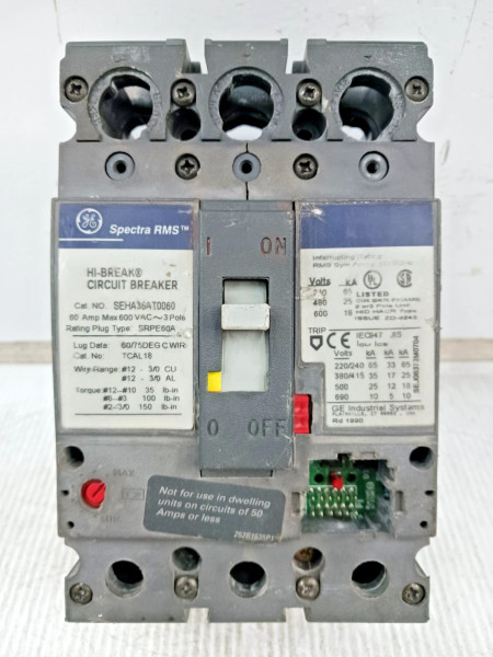 GE 60 Amp Hi-Break Circuit Breaker 3 Pole 600 VAC SEHA36AT0060 W/O Plug & Lugs