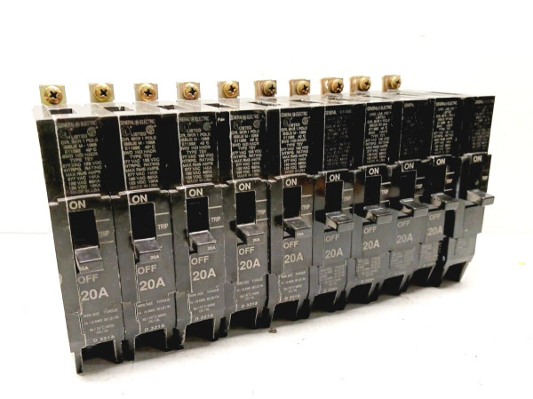LOT 0F 10) GENERAL ELECTRIC TEY120 20 AMP BOLT-ON CIRCUIT BREAKER 1P 277 VAC