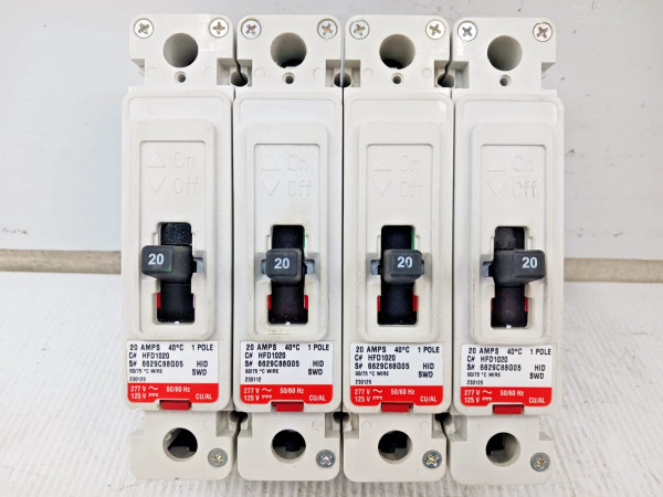 Lot Of 4) Eaton 20 Amp Circuit Breaker 1 Pole 277 VAC / 125 VDC 65kA HFD1020