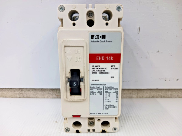 New Eaton 15 Amp Circuit Breaker 2 Pole 480 VAC / 250 VDC 14kA EHD2015L