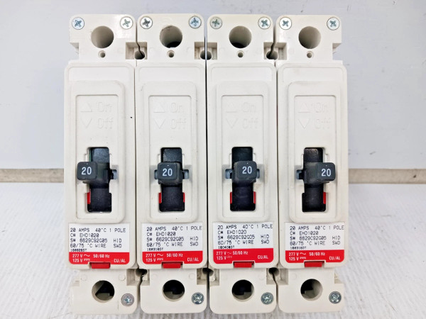 Lot Of 4) Eaton 20 Amp Circuit Breaker 1 Pole 277 VAC / 125 VDC 14kA EHD1020