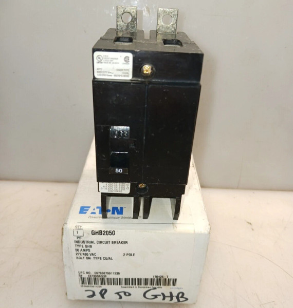 NEW EATON 50 AMP BOLT-ON CIRCUIT BREAKER 2P 277/480 VAC GHB2050