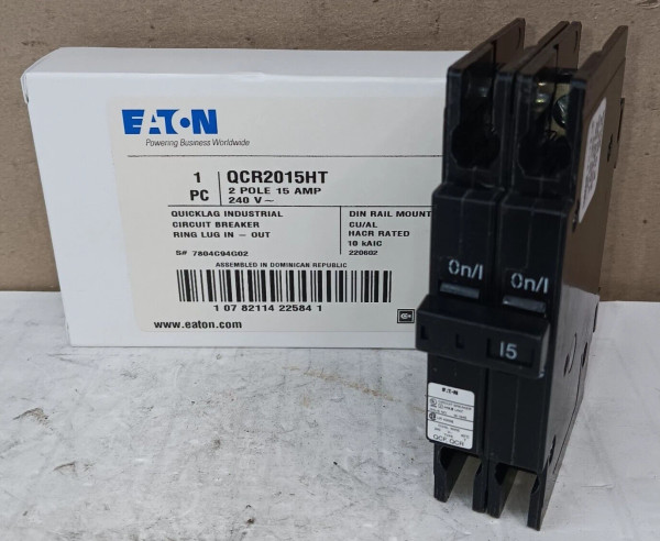 NEW EATON QCR2015HT 15 AMP DIN RAIL CIRCUIT BREAKER 2 POLE 240 VAC