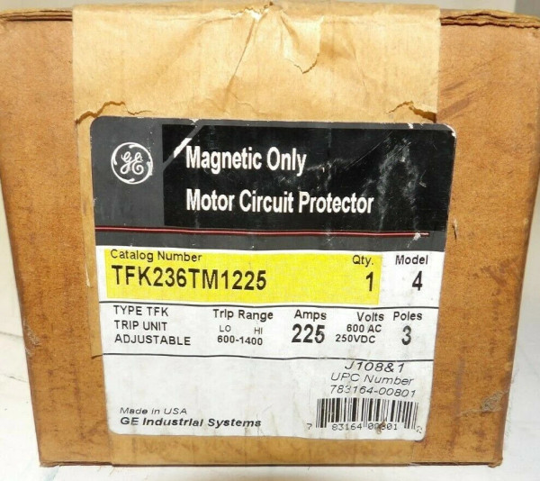 NEW GE MAGNETIC MOTOR CIRCUIT PROTECTOR 225AMP 3POLE TFK TRIP UNIT TFK236TM1225