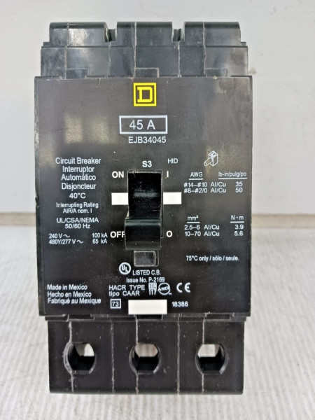 New Square D 45 Amp Bolt-On Circuit Breaker 3 Pole 480Y/277 VAC 65kA EJB34045