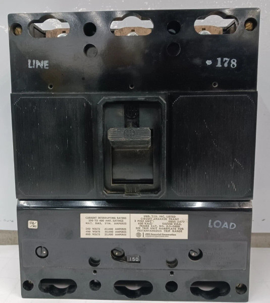 SIEMENS 400 AMP CIRCUIT BREAKER 3 POLE 600 VAC JL3-F400 W/ 150 AMP TRIP