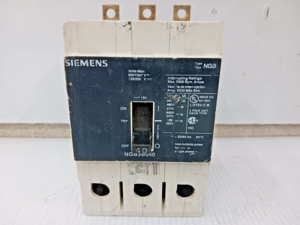 Siemens 40 Amp Bolt-On Circuit Breaker 3 Pole 600Y/347 VAC 25kA NGB3B040