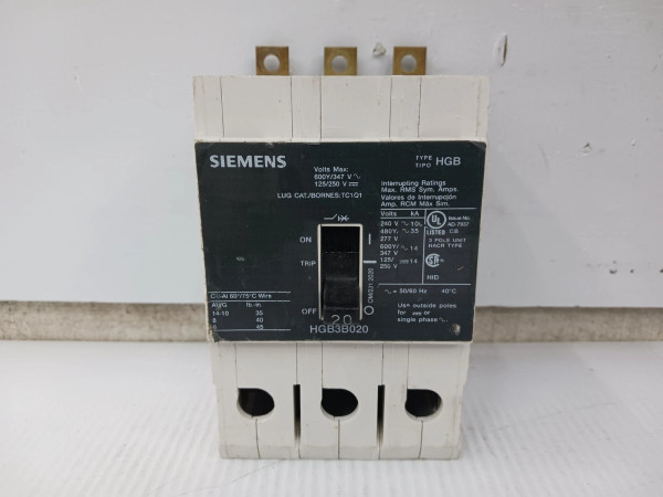 Siemens 20 Amp Bolt-On Circuit Breaker 3 Pole 600Y/347 VAC 35kA HGB3B020