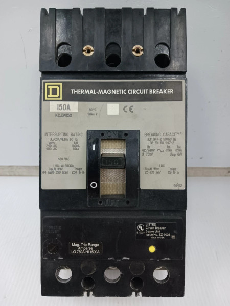 Square D 150 Amp Thermal-Magnetic Circuit Breaker 3 Pole 480 VAC 65kA KCJ34150