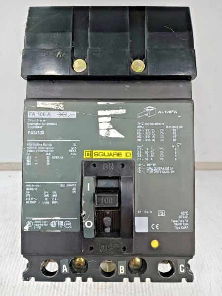 Square D 100 Amp I-Line Circuit Breaker 3 Pole 480 VAC / 250 VDC 18kA FA34100