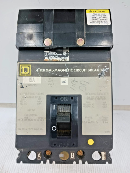 Square D 15 Amp I-Line Circuit Breaker 3 Pole 480 VAC 65kA FC34015 (Flaw)