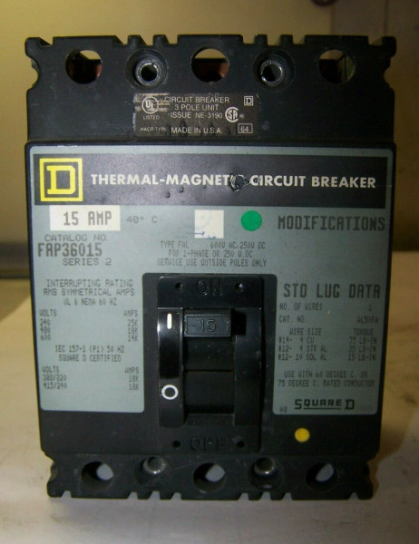 SQUARE D 15 AMP CIRCUIT BREAKER 600 VAC 3 POLE FAP36015