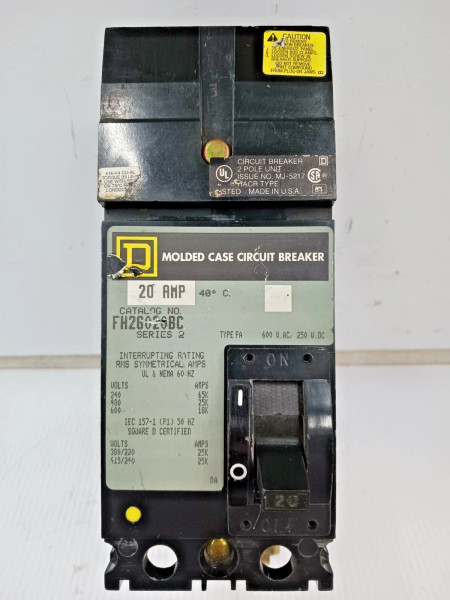 Square D 20 Amp I-Line Molded Case Circuit Breaker 2 Pole 600 VAC 25kA FH26020BC