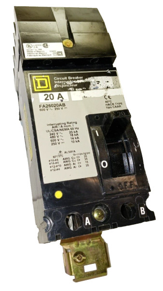 SQUARE D 20 AMP I-LINE CIRCUIT BREAKER 2 POLE 600 VAC / 250 VDC FA26020AB