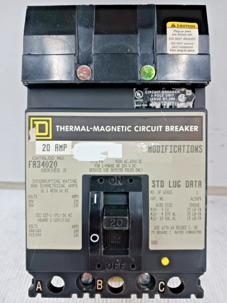 Square D 20 Amp I-Line Thermal-Magnetic Circuit Breaker 3 Pole 480 VAC FA34020