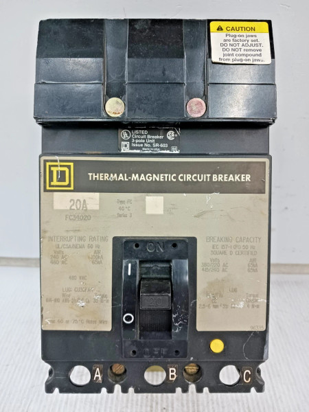 Square D 20 Amp I-Line Thermal-Magnetic Circuit Breaker 3 Pole 480 VAC FC34020