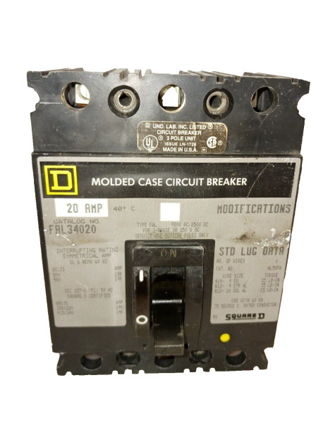 SQUARE D 20 AMP CIRCUIT BREAKER 3 POLE 480 VAC FAL34020