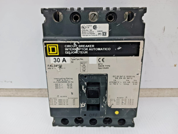 Square D 30 Amp Circuit Breaker 3 Pole 480 VAC / 250 VDC 18kA FAL34030 *Flawed*