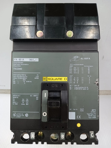 Square D 60 Amp I-Line Circuit Breaker 3 Pole 240 VAC FA32060 *Green Label*