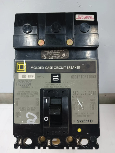 SQUARE D 60 AMP MOLDED CASE CIRCUIT BREAEKR 3 POLE 600 VAC FHB36060