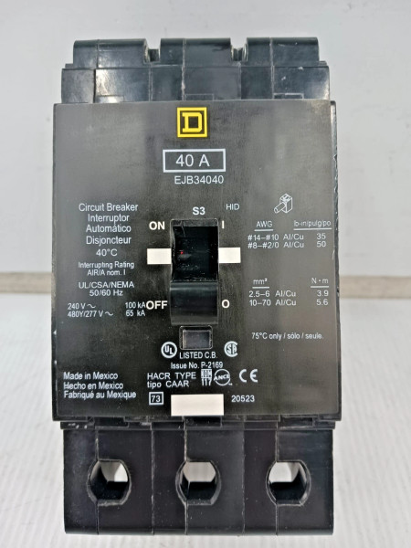 Square D 40 Amp Bolt-On Circuit Breaker 3 Pole 480Y/277 VAC 65kA EJB34040