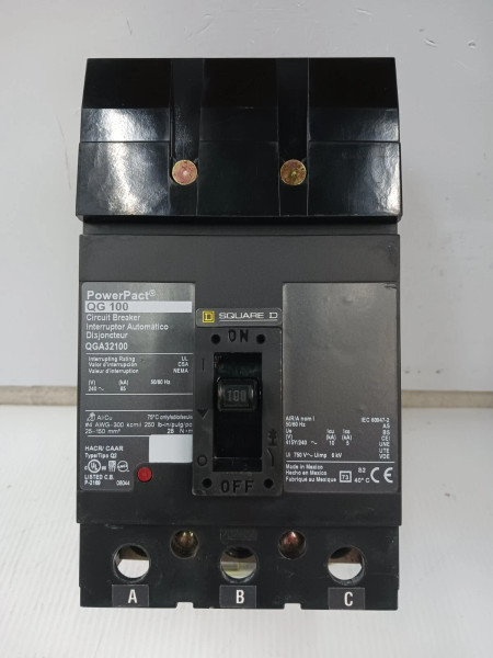 SQUARE D POWERPACT 100 AMP I-LINE CIRCUIT BREAKER 3 POLE 240 VAC 65kA QGA32100