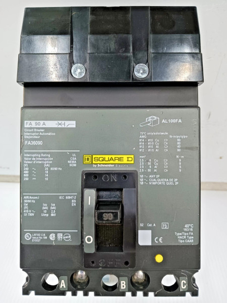 Square D 90 Amp I-Line Circuit Breaker 3 Pole 600 VAC / 250 VDC 18kA FA36090