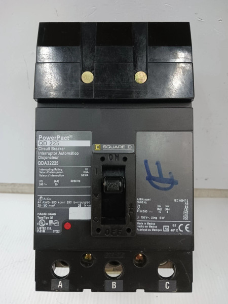 Square D PowerPact 225 Amp I-Line Circuit Breaker 3 Pole 240 VAC 25kA QDA32225