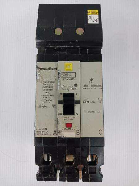 Square D PowerPact 15 Amp I-Line Circuit Breaker 3 Pole 480Y/277 VAC FDA34015